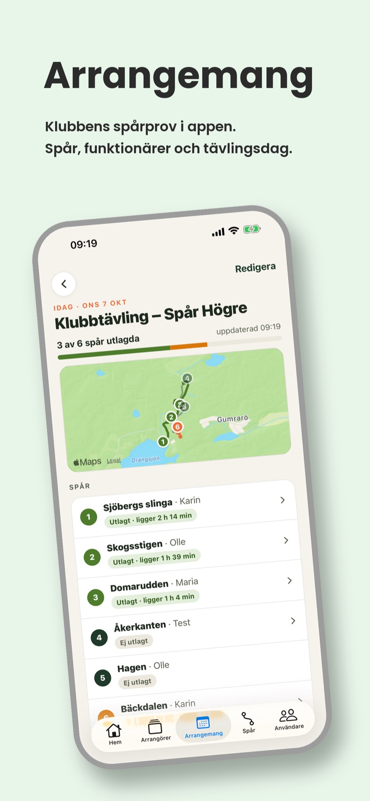 Klubbtävling med spår, spårläggare och utlagda spår